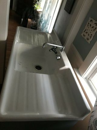 White Vintage Cast Iron Farmhouse Kitchen Sink,  60in Wide Double Drainboards.