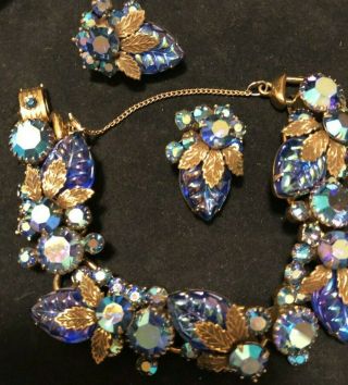 Vintage Juliana D & E 5 Link Iridescent Blue Rhinestone Bracelet & Earrings Set