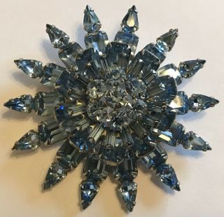 Large Vintage Weiss Signed Light Blue Rhinestone Brooch A2
