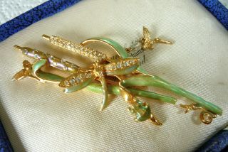 Kirks Folly Enamel Crystal Garden Frog Dragonfly Fairy Reed Brooch Pin Lovely