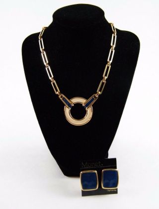Vintage Monet Gold Tone,  White,  And Blue Enamel Necklace & Clip Earrings