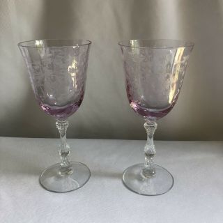 Two Vintage Fostoria Pink Navarre Crystal Claret Glass Stemware 6.  5 " Etched Euc