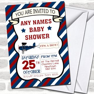 Blue & Red Vintage Plane Invitations Baby Shower Invitations