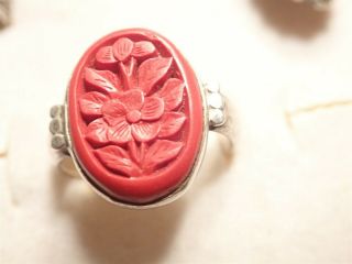 Grandmas Oriental Cinnabar Carved Cameo Sterling Silver Ring