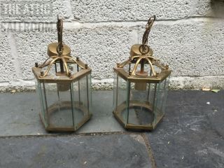 Wonderful Matching Antique Vintage Brass & Glass Ceiling Lights