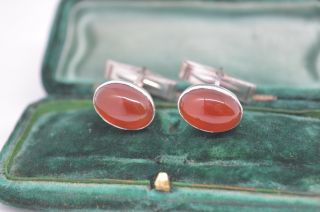 Vintage Sterling Silver Cufflinks With An Art Deco Red Carnelian Design B717