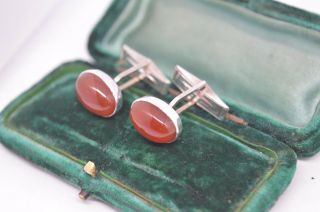Vintage Sterling Silver cufflinks with an Art Deco Red Carnelian design B717 2