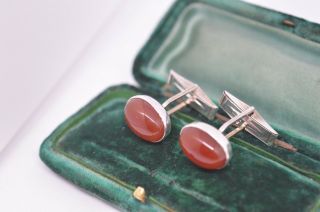 Vintage Sterling Silver cufflinks with an Art Deco Red Carnelian design B717 3