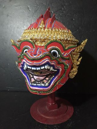 Vtg Demon Dance Mask Khon Gold Giant Thai Handmade Khon Bust Head Life Size Red