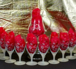 11pc Vintage Avon Hummingbird Design Crystal Wine Glass Goblets Pitcher Etched