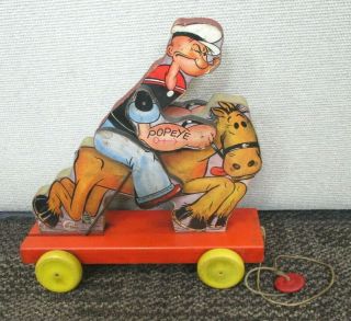 Rare Vintage 1929 Fisher Price Popeye Cowboy Wood Pull Toy 705