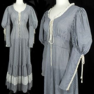 Vtg 70s Gunne Sax Blue Gingham Corset Lace Victorian Prairie Boho Maxi Dress L