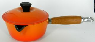 Vintage Le Creuset Flame Orange Wood Handle Sz 14 Cast Iron Saucepan & Lid