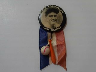 Rare 1941 Lou Gehrig Never Forgotten Pin With Ribbon And Bat - Glove