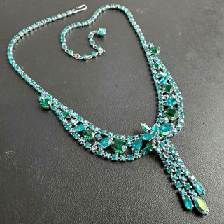 Unsigned Sherman Vintage Teal Emerald Green Ab Crystal Rhinestone Necklace Q180
