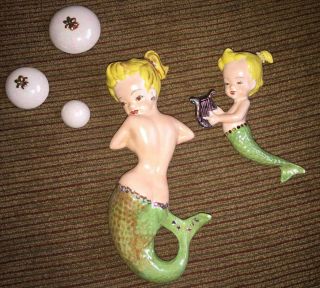 Vintage Ceramic Bedazzled Rhinestone Mermaid Merbaby Wall Plaques With Bubbles