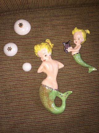 Vintage Ceramic Bedazzled Rhinestone Mermaid Merbaby Wall Plaques With Bubbles 2