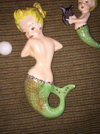 Vintage Ceramic Bedazzled Rhinestone Mermaid Merbaby Wall Plaques With Bubbles 3