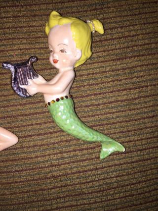 Vintage Ceramic Bedazzled Rhinestone Mermaid Merbaby Wall Plaques With Bubbles 4