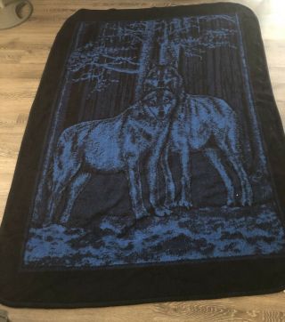 Vintage San Marcos Wolf Reversible Blue Black Heavy Blanket 86 X 46 Wolves