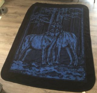 Vintage San Marcos Wolf Reversible Blue Black Heavy Blanket 86 x 46 Wolves 3