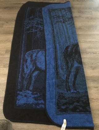 Vintage San Marcos Wolf Reversible Blue Black Heavy Blanket 86 x 46 Wolves 8