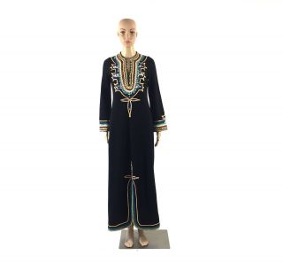 Vintage Black Full Length Long Sleeve Kaftan Dress With Sequins Detail,  Fits 4/6