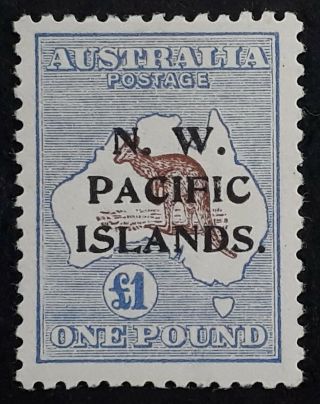 Rare 1916 - Australia £1.  00 Chocolate&blue Kangaroo Stamp N.  W.  Pacific Islands O/p