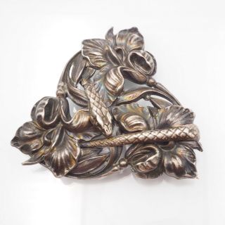 Old Vintage Brass Snake In The Flowers Brooch Pin 2 Inch