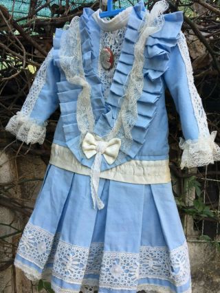 Antique Cotton Dress And The Hat For French Doll Jumeau Steiner Size 11 - 12 Broo