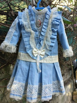 ANTIQUE cotton dress and the hat for FRENCH doll Jumeau Steiner size 11 - 12 broo 3