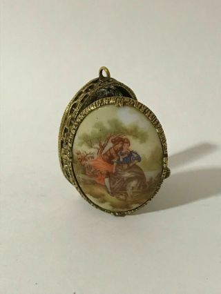 Antique Victorian Miniature Enamel Painting Snuff Pill Box Pendant