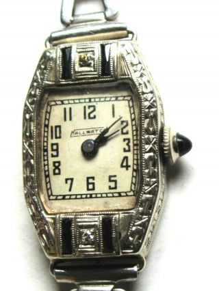 14 K White Gold Blue Sapphire Diamond Art Deco Watch Hoffman Watch Co Swiss