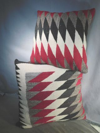 Two Vintage Navajo Rug Pillows Black Gray Red Taupe Geometric Wool