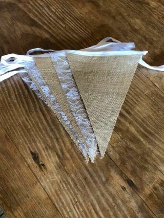 Fabric Hessian White Lace Handmade Vintage Bunting.  Weddings,  Country Floral