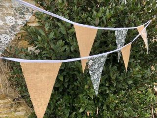 FABRIC HESSIAN WHITE LACE HANDMADE VINTAGE BUNTING.  WEDDINGS,  COUNTRY FLORAL 3