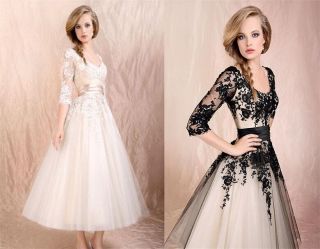 Vintage Applique 3/4 Sleeve Tulle Tea Length Wedding Dress Custom Bridal Gown