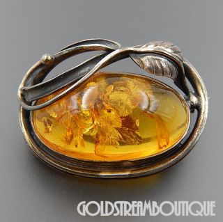 Vintage Sterling Silver Oval Honey Amber Infinity Design Leaf Brooch Pin 2294