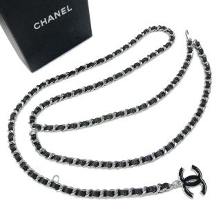 Chanel Silver Plated & Black Leather Cc Logos Vintage Chain Belt 4581a Rise - On