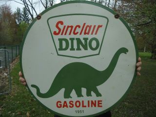 24 " Vintage 1951 Double Sided Sinclair Dino Gasoline Porcelain Gas Pump Sign