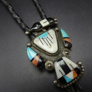 Vintage Zuni Sterling Silver Turquoise Coral Jet Inlay Bolo Tie Thunderbird