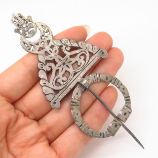925 Sterling Silver Antique Hand Of Fatima Penannular Shawl/scarf Pin