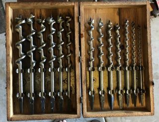 Vintage Irwin Auger Drill Bit Set Of 13 In Wood Box Made Usa