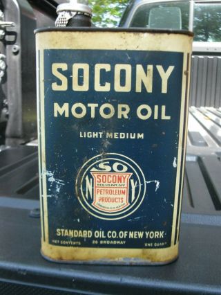 Rare 1920s Vintage Socony Motor Oil Old 1 Qt Flat Tin Oil Can Full And