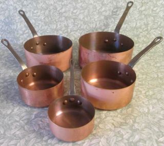 Vintage French Set 5 Copper Saucepans 2.  8 Kg Stamped Iron Handles