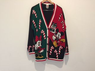 Vtg 80s Disney Christmas Cardigan Sweater Mickey Minnie Mouse Sz L Made In Usa