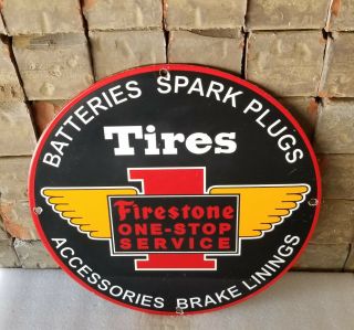 Vintage Firestone Tires Porcelain Gas Auto Batteries Brake Supplies Service Sign