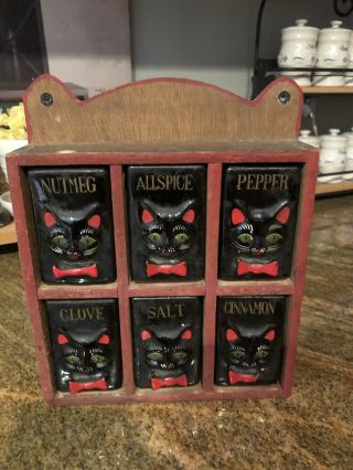 Vtg Mid Century Modern Shafford Black Cat Spice Rack Set Salt Pepper Japan