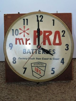 Vintage 1960s Interstate Batteries System Mr Pro Lighted Shop Clock Sign Rare