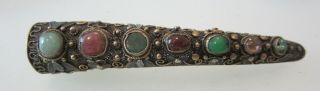 Antique Chinese Export Silver Filigree Jade And Ruby Fingernail Guard Brooch